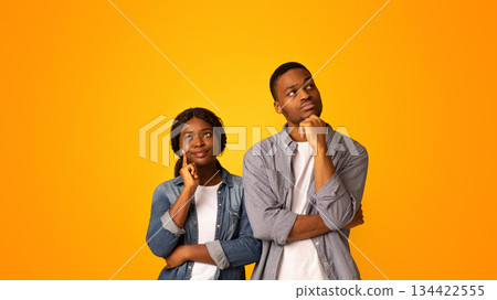 Let Me Think. Portrait Of Pensive Black Couple Standing Isolated On Yellow Background, Thoughtful African American Man And Woman Touching Chins And Looking Away, Thinking About Interesting Offer Let Me Think. Portrait Of Pensive Black Couple Standing Isolated On Yellow Background, Thoughtful African American Man And Woman Touching Chins And Looking Away, Thinking About Interesting Offer 134422555