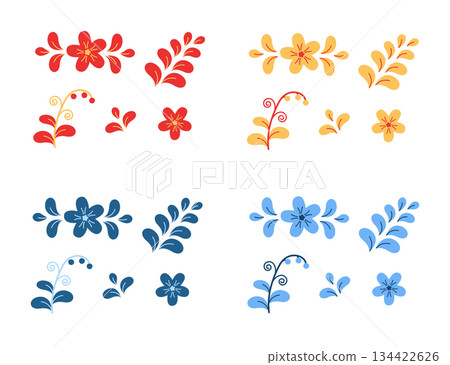 Set of abstract flowers and plants. Cartoon traditional Slavic pattern on white background. Set of abstract flowers and plants. Cartoon traditional Slavic pattern on white background. 134422626