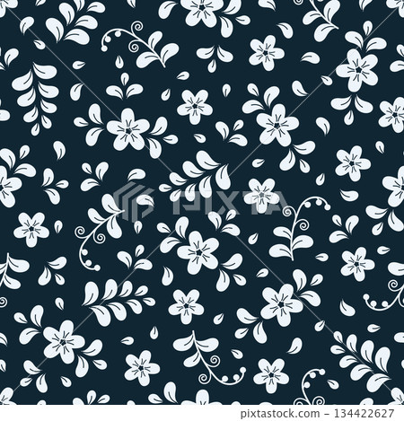 Seamless pattern of abstract patterns of flowers and plants. Cartoon traditional Slavic pattern background. 134422627