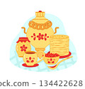 Maslenitsa icons, traditional holiday marking the end of winter. Vector doodle illustration of pancakes, samovar, red caviar. Tea party ceremony. 134422628