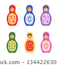 Set Russian Matryoshka. Traditional Russian folklore dolls with Slavic ornaments. Cartoon vector illustration on a white background. 134422630