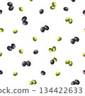 Seamless pattern Illustration with hand-drawn green and black olives scattered on a white background. Design for elegant Italian restaurant branding, rustic food packaging, or kitchen textile. 134422633