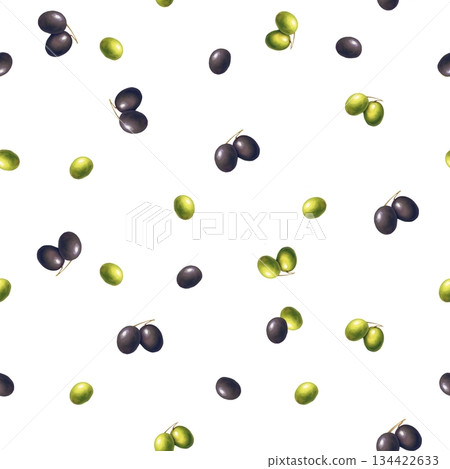 Seamless pattern Illustration with hand-drawn green and black olives scattered on a white background. Design for elegant Italian restaurant branding, rustic food packaging, or kitchen textile. Seamless pattern Illustration with hand-drawn green and black olives scattered on a white background. Design for elegant Italian restaurant branding, rustic food packaging, or kitchen textile. 134422633