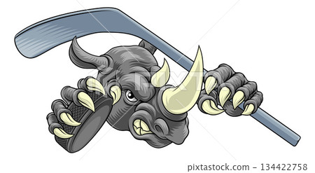 Rhino Rhinoceros Ice Hockey Cartoon Sports Mascot 134422758