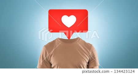 A creative representation shows a person without a head, replaced by a red speech bubble featuring a heart icon. This artwork conveys themes of social media interaction and emotional expression. A creative representation shows a person without a head, replaced by a red speech bubble featuring a heart icon. This artwork conveys themes of social media interaction and emotional expression. 134423124