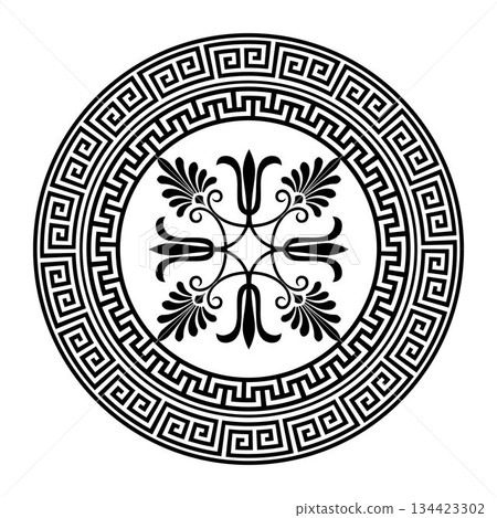 Greek round ornament in black and white color. Greek key meander. Ancient Greece, Roman Empire. Typical egyptian, assyrian, greek motive. For ceramic, porcelain, embroidery, sandblasting, laser, plate 134423302