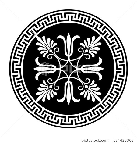 Patterns of Greece, ancient Rome. Vector round monochrome classic frame. Greek key meander. Circle european border. Round antique border from Greek. Typical egyptian, assyrian, greek motives 134423303