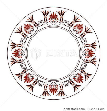 Round frame plate with arabesques and floral elements. Patterns of Greece, ancient Rome. Greek key meander. Circle european border. Antique border Greek. Typical egyptian, assyrian, greek motives Round frame plate with arabesques and floral elements. Patterns of Greece, ancient Rome. Greek key meander. Circle european border. Antique border Greek. Typical egyptian, assyrian, greek motives 134423304