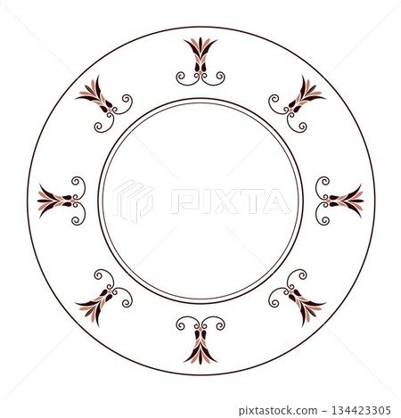 Decorative round frame with floral elements plate. Circle european border. Round antique border from Greek. Typical egyptian, assyrian, greek motives. For ceramic, porcelain, embroidery, laser, plate 134423305