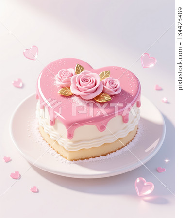 Pink heart-shaped cake with roses on top for Valentines Day. 134423489