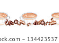 Seamless Hand-drawn Illustration of horizontal border featuring elegant coffee cups and chocolate candies. Design for cafe menu header, packaging, confectionery banner, or food blog divider. 134423537