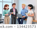 Four cartoon characters in a modern office setting. 134423573