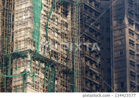 exterior of Wang Fuk Court after the fatal blaze in TaiPo, is where a No.5 alarm blaze exterior of Wang Fuk Court after the fatal blaze in TaiPo, is where a No.5 alarm blaze 134423577