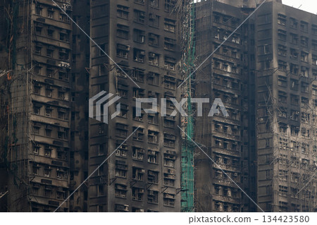 exterior of Wang Fuk Court after the fatal blaze in TaiPo, is where a  No.5 alarm blaze  134423580