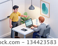 Man standing and pointing at laptop user in office setting. 134423583