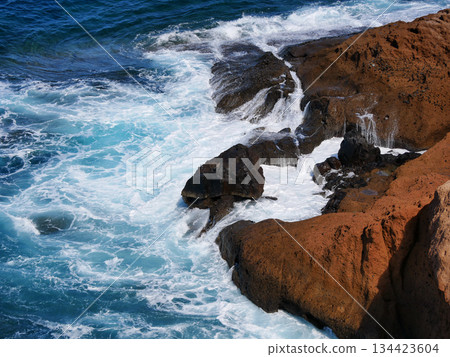 Atlantic Waves Crashing on Volcanic Rocky Coast of Tenerife 134423604