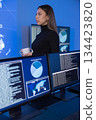 Female analyst monitoring data in a SOC environment with multiple screens 134423820