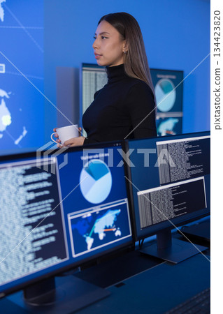 Female analyst monitoring data in a SOC environment with multiple screens 134423820