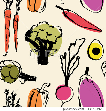 Colorful seamless pattern with hand drawn doodle vegetables including broccoli, artichoke, radish, avocado, carrot, eggplant, and bell pepper on light background Vibrant design perfect for healthy Colorful seamless pattern with hand drawn doodle vegetables including broccoli, artichoke, radish, avocado, carrot, eggplant, and bell pepper on light background Vibrant design perfect for healthy 134423923