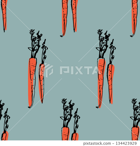 Bright colorful seamless pattern with hand drawn doodle carrots Vibrant and cheerful design perfect for healthy food themes kids products and kitchen decor 134423929