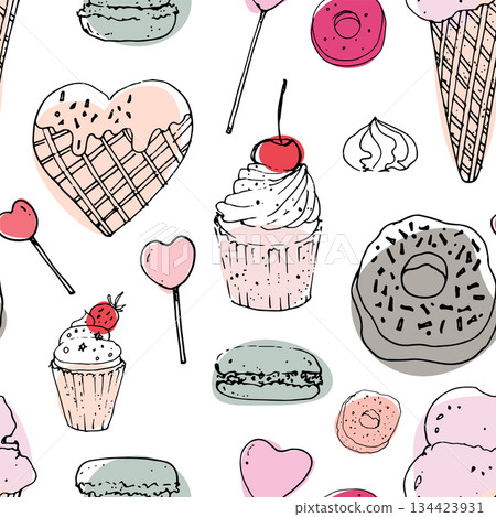 Colorful seamless pattern with hand drawn doodle sweets including lollipops, heart-shaped waffle, donut, ice cream cone, macarons, and cream Vibrant and playful design perfect for bakery, dessert, and 134423931
