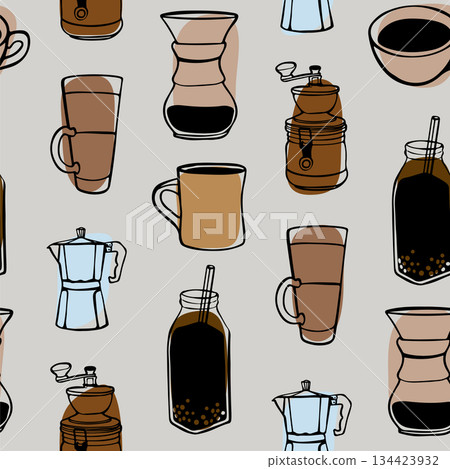 Hand drawn linear doodle seamless pattern with bubble coffee, latte cup, Chemex brewer, manual grinder, Americano, espresso, coffee filter, and moka pot on coffee bean background Minimalist design 134423932