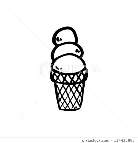 Hand-drawn linear doodle of scooped ice cream in a waffle cup. Minimalist outline illustration of frozen dessert, ideal for summer treats, cafe menus, sweet snacks, and black and white food-themed Hand-drawn linear doodle of scooped ice cream in a waffle cup. Minimalist outline illustration of frozen dessert, ideal for summer treats, cafe menus, sweet snacks, and black and white food-themed 134423993
