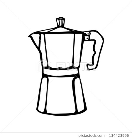 Hand-drawn linear doodle of a moka pot coffee maker. Minimalist outline illustration of a stovetop espresso brewer, perfect for cafe menus, home barista concepts Hand-drawn linear doodle of a moka pot coffee maker. Minimalist outline illustration of a stovetop espresso brewer, perfect for cafe menus, home barista concepts 134423996