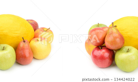 Fresh Harvest of Fruits Including Apples Pears and Melons with Copy Space Fresh Harvest of Fruits Including Apples Pears and Melons with Copy Space 134424022