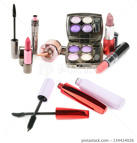 Large collection of decorative cosmetics on a white background 134424026