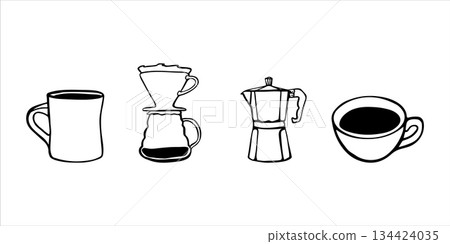 Hand drawn linear doodle set featuring four coffee elements: Americano cup, espresso shot, coffee filter, and moka pot Minimalist outline illustrations ideal for coffee culture and brewing themes. 134424035