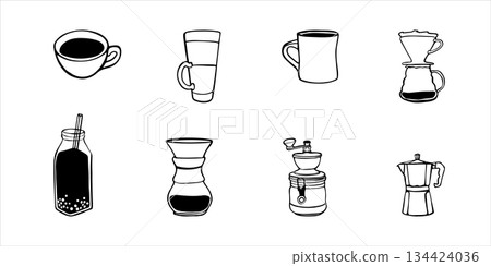 Hand drawn linear doodle set featuring eight coffee items: bubble coffee, latte cup, Chemex brewer, manual grinder, Americano cup, espresso shot, coffee filter, and moka pot Minimalist outline 134424036