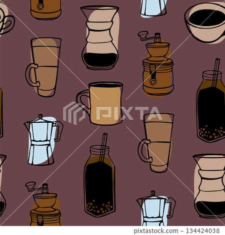 Hand drawn linear doodle seamless pattern with bubble coffee, latte cup, Chemex brewer, manual grinder, Americano, espresso, coffee filter, and moka pot on coffee bean background Minimalist design 134424038