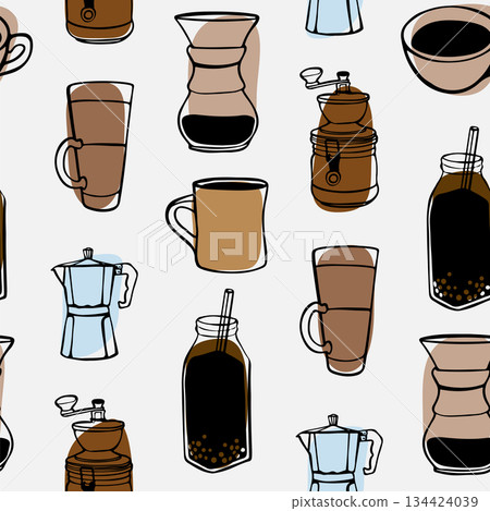 Hand drawn linear doodle seamless pattern with bubble coffee, latte cup, Chemex brewer, manual grinder, Americano, espresso, coffee filter, and moka pot on coffee bean background Minimalist design 134424039