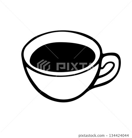 Hand-drawn linear doodle of a cup filled with Americano coffee. Minimalist outline illustration perfect for cafe menus, coffeehouse themes, and black and white beverage designs. 134424044