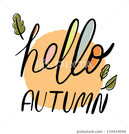 Hand-drawn linear doodle illustration with the phrase "Hello Autumn" surrounded by autumn leaves. Minimalist outline design perfect for seasonal greetings 134424046