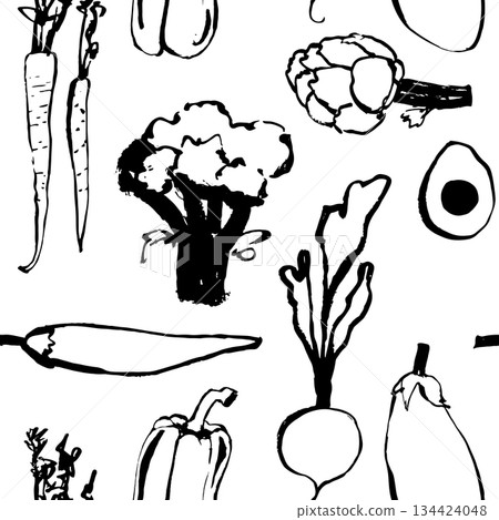 Hand-drawn linear doodle seamless pattern featuring broccoli, artichoke, radish, avocado, carrot, eggplant, and bell pepper. Minimalist outline design perfect for healthy food themes and natural Hand-drawn linear doodle seamless pattern featuring broccoli, artichoke, radish, avocado, carrot, eggplant, and bell pepper. Minimalist outline design perfect for healthy food themes and natural 134424048
