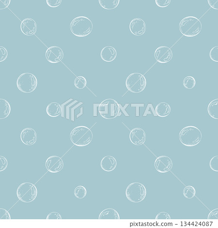 Hand drawn bubble on blue background, seamless pattern, line art graphic style. Underwater world, marine life design. For textile, packaging. On a blue background 134424087