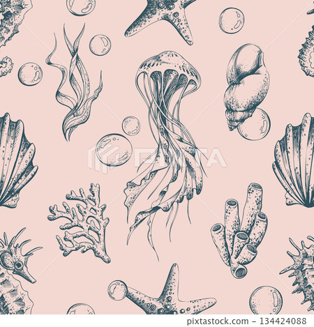Hand drawn seamless pattern of underwater life. Marine animal art graphic design for textile, wallpaper, and background. Ocean coral reef concept. Outline hand drawn graphic illustration Hand drawn seamless pattern of underwater life. Marine animal art graphic design for textile, wallpaper, and background. Ocean coral reef concept. Outline hand drawn graphic illustration 134424088