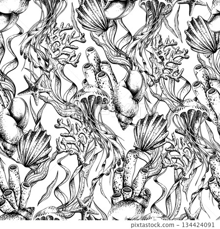 Hand-drawn ocean life seamless pattern with jellyfish, corals, seaweed, shells, starfish, and conch. Underwater world illustration for fabric and wallpaper. Outline graphic illustration Hand-drawn ocean life seamless pattern with jellyfish, corals, seaweed, shells, starfish, and conch. Underwater world illustration for fabric and wallpaper. Outline graphic illustration 134424091