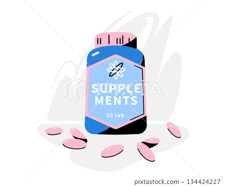 Supplement bottle and pills vector illustration. Modern vitamin jar with a stylized label and pink oval pills scattered around. Concept for dietary, sport nutrition, fitness, pharmacy, health care. 134424227
