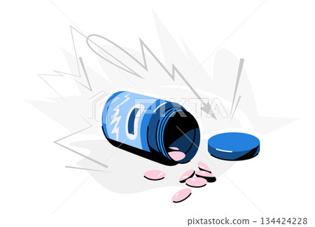 Spilled pills and medicine bottle vector illustration. Overturned blue bottle with pink pills spilled out, surrounded by dynamic graphic elements. Represents medication, supplement health, treatment. Spilled pills and medicine bottle vector illustration. Overturned blue bottle with pink pills spilled out, surrounded by dynamic graphic elements. Represents medication, supplement health, treatment. 134424228