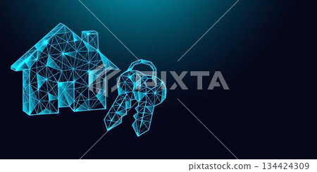 Low poly wireframe house with keys on dark blue background. Low poly wireframe house with keys on dark blue background. 134424309