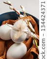 Easter background. Willow branches, white egg with feather in a bowl. Spring time. Minimalistic and bright concept 134424371