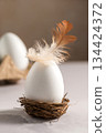 Easter holiday. White egg with a feather in a nest, bright minimalistic background 134424372