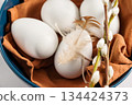 Easter background. Willow branches, white egg with feather in a bowl. Spring time. Minimalistic and bright concept 134424373