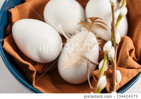 Easter background. Willow branches, white egg with feather in a bowl. Spring time. Minimalistic and bright concept Easter background. Willow branches, white egg with feather in a bowl. Spring time. Minimalistic and bright concept 134424373