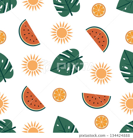 Seamless pattern with hand drawn tropical tree leaf, melon and sun. Summer tropical background. Cartoon style vector illustration. 134424888