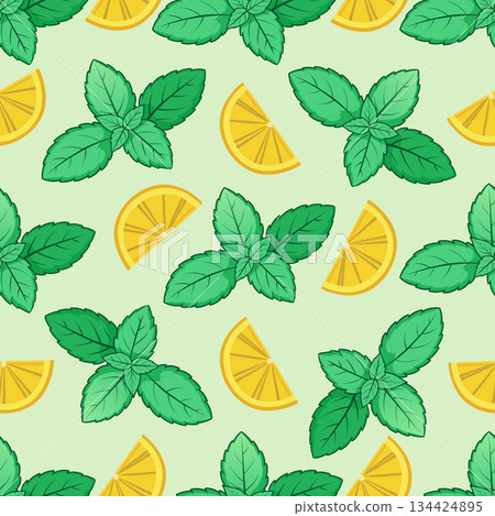 Seamless pattern with hand drawn mint leaves and lemon slices. Cartoon style vector illustration. Seamless pattern with hand drawn mint leaves and lemon slices. Cartoon style vector illustration. 134424895
