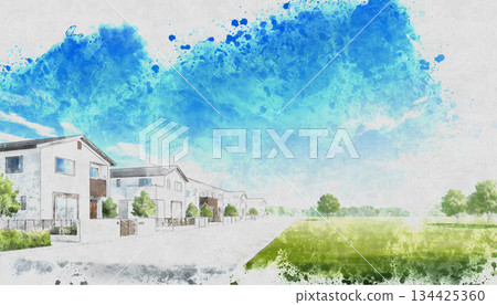 一幅水彩插畫，描繪了一個住宅區，擁有令人心曠神怡的淡藍色天空和蔥鬱的綠植。 134425360